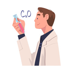 Man Scientist Character in White Coat Holding Glass Flask and Smiling Vector Illustration