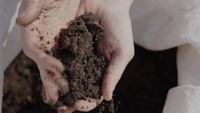 Farmer grabs fertile soil. Slow motion