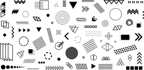 Geometric black and white icon set. Memphis design, geometric vector icons. Collection of modern elements