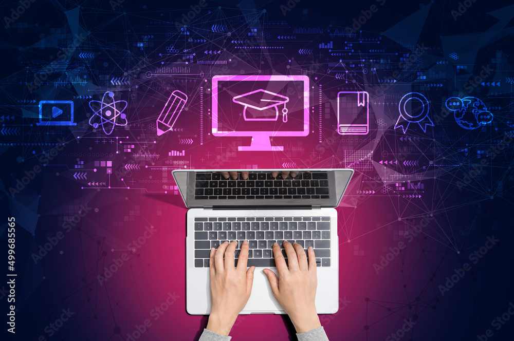 Sticker e-learning concept with person using a laptop computer