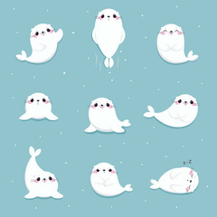 Cute Seal with White Fur Swimming, Sleeping and Smiling on Blue Background Vector Set