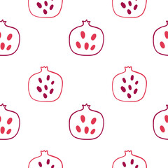Seamless fashion pattern of pomegranate fruit, half, whole. Vector hand drawn illustration texture in modern flat style for web, print posters, textile, children clothes, linens dress, fabric