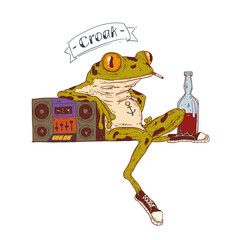 An urban frog, vector illustration. Calm anthropomorphic frog, wearing sneakers, sits leaning on boombox and smoking a cigarette with a bottle of wine nearby. An animal character with a human body.