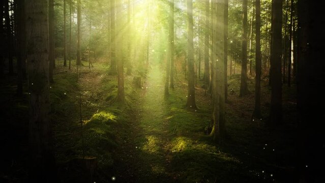 Fairy tale woodland sun beams with flicker fireflies.