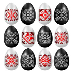 Set of white and black Easter eggs in Ukrainian style based on Ukrainian embroidery on a white background.