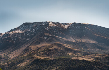 Horizontal panoramic view of snow-capped mountains in Cajón del Maipo, Chile