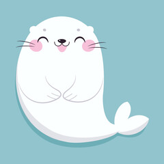 Cute Seal with White Fur Swimming and Smiling on Blue Background Vector Illustration