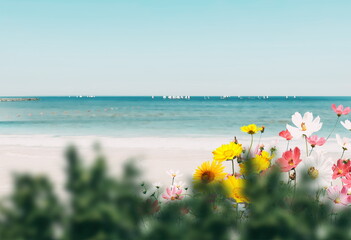 yellow  flowers wild roses on front  turquoise blue sky and sea at  summer tropical  beach holiday background copy space template  