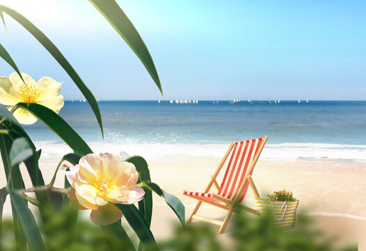 turquoise sea white sand and beautiful wild  pink yellow white red roses  flowers  gtrrn palm leaves on summer beach holiday background copy space template  