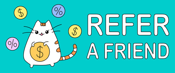 Refer a friend. Referral Program Illustration, Get Rewards by Inviting People to Join something. Bonus reward program. Encourage loyal customers. Refer and earn
