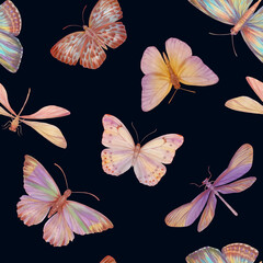 Delicate watercolor butterflies for design. Seamless botanical pattern. Abstract pattern of butterflies on colored paper for print, textile, wallpaper, scrapbooking
