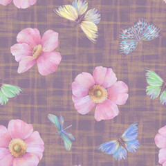 Seamless ornament for wrapping paper, design, print. Abstract Delicate flowers and butterflies are painted with watercolors, digitally processed. Botanical pattern on an abstract background.