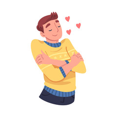 Self Love with Man Character Admiring Himself Delighted with His Appearance with Heart Around Vector Illustration
