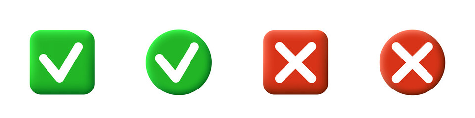 3d consent and cancel buttons. Red and green buttons. Vector clipart isolated on white background.