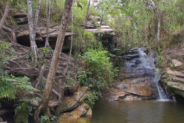Fototapeta premium Sobradinho waterfall flowing into a small lake between the trees.