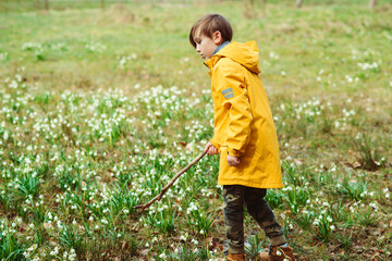 Happy child on a walk in spring. Beautiful park with first spring flowers. Meadow with snowdrops. Early spring weather.