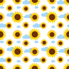 Sunflowers and clouds, seamless pattern. 