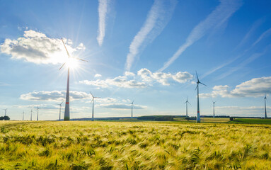Windpark in an agricultural area in the middle of Germany, North Rhine-Westphalia near Bad...
