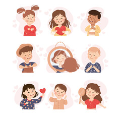 Self-love with Children Admiring Themselves Loving Their Appearance Vector Set