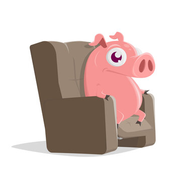 funny illustration of a cartoon pig sitting in a sofa