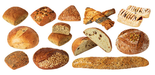 Set of various baked bread isolated on white background with clipping path. Many different wheat, grain and rye bread with ears of rye and wheat