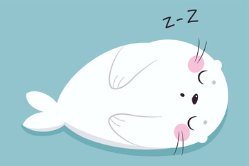 Cute Seal with White Fur Sleeping on Blue Background Vector Illustration