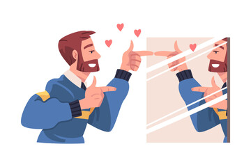Self Love with Man Character Admiring Himself Looking in Mirror Delighted with His Appearance Reflection Vector Illustration