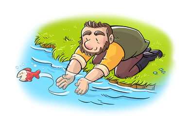 Illustration of a man releasing a fish into the river