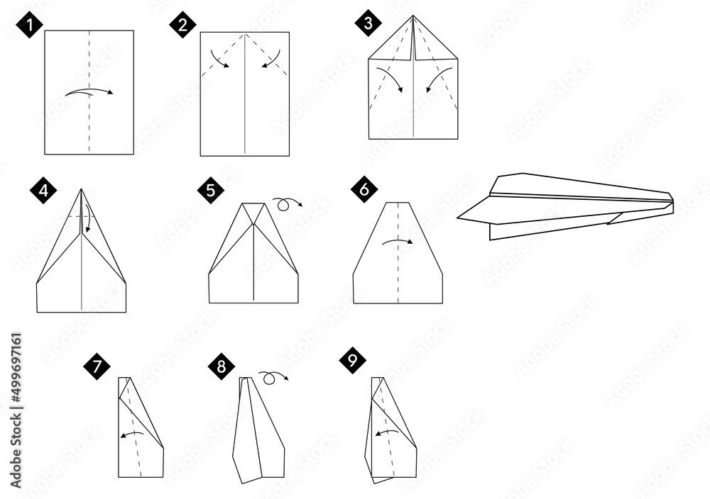 Aufkleber Instructions how to make origami airplane. Black and white colors. Vector step by step tutorial monochrome illustration.