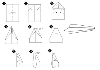 Instructions how to make origami airplane. Black and white colors. Vector step by step tutorial monochrome illustration.