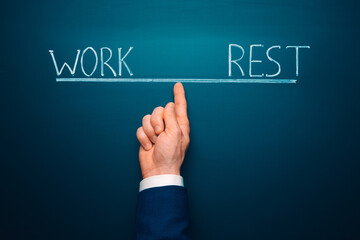 Work rest balance concept. Businessmen balanced work and rest. Harmony and balance idea words