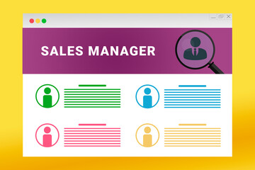 Naklejka premium Sales Manager logo in header of site. Sales Manager text on job search site. Online with Sales Manager resume. Jobs in browser window. Internet job search concept. Employee recruiting metaphor