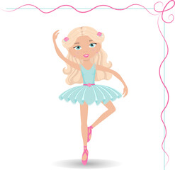 Cute girl ballerina in a blue dress, vector illustration on a white background.