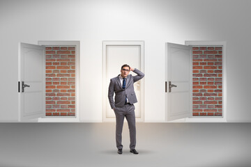 Businessman facing no exit with brick door