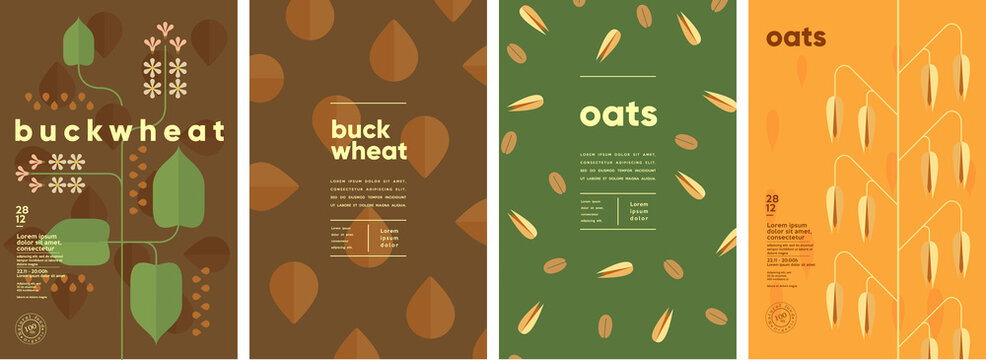 Oats. Buckwheat. Set of vector illustrations. Label design, price tag, cover design. Backgrounds and patterns.