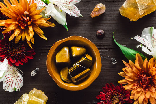 Bowl of Tiger's Eye with Autumn Stones and Flowers