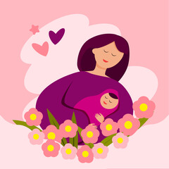 Vector illustration of greeting card for mother's day. Mom with flowers, mother and baby.