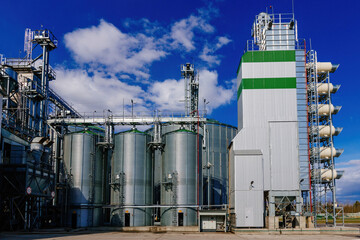 Automatic agricultural grain dryer and silos. Modern complex for drying, cleaning and storage grain