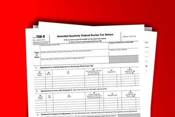 Form 720-X documentation published IRS USA 02.21.2020. American tax document on colored