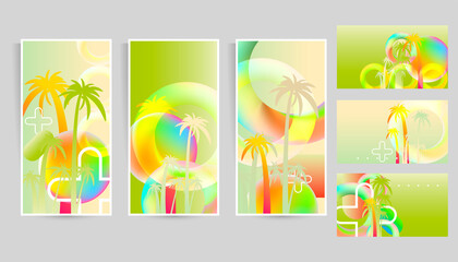 Abstract set summer background with palm trees party and cocktails universal art web header template. Collage made geometric elements