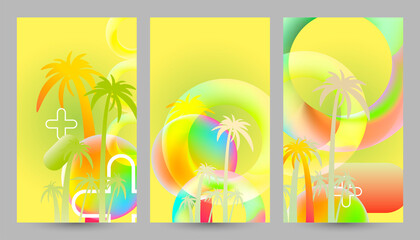 Fototapeta na wymiar Abstract set summer background with palm trees party and cocktails universal art web header template. Collage made geometric elements