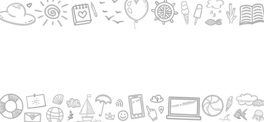 Hand drawn holiday elements on white. Summer holidays. Freehand web banner. Elements are drawn in a linear style. Black and white illustration