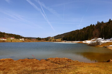View on the lake of Lamoura which is a lake at Lamoura in the Jura department of France