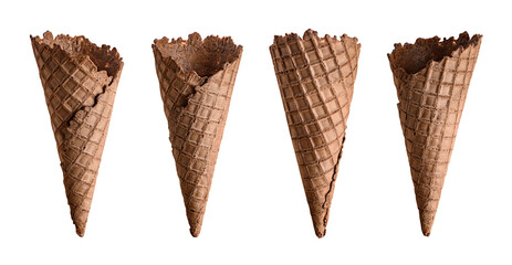 Empty chocolate ice cream cones isolated on white background
