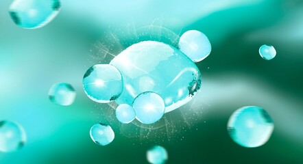 Face water ads template,blue shining bubbles 3d illustration.Transparent aqua oil on serum bubble.Shining substance blue marine essence droplet. Beauty treatment nutrition skin care.3d illustration of