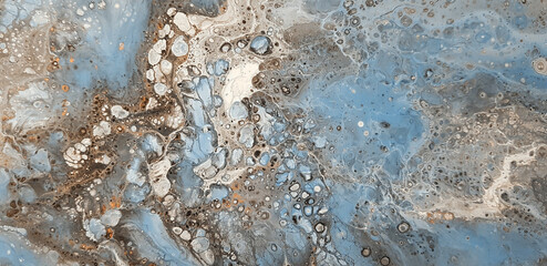 Creative abstract hand painted background, wallpaper, texture, closeup. Fragment of liquid acrylic painting in gray, beige and blue on canvas. Modern Art.