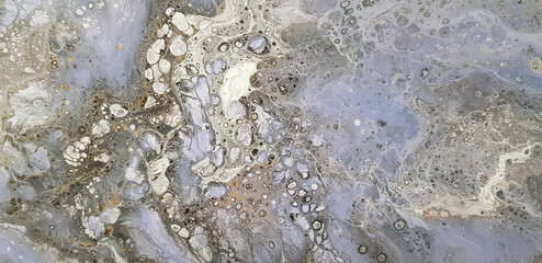 Creative abstract hand painted background, wallpaper, texture, closeup. Fragment of gray and lilac liquid acrylic painting on canvas. Modern Art.