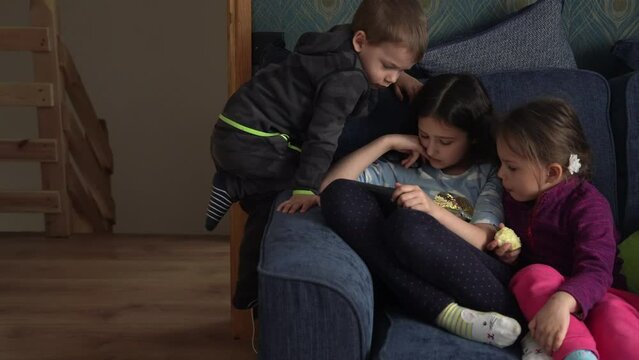 authentic 3 little preschool toddler minor children kids siblings watch cartoon playing games online chating on smartphone device laptop tablet together at home indoors. Family, childhood, friendship