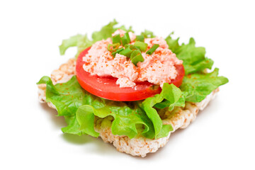Rice Cake Sandwich with Tomato, Lettuce, Fish Cream and Green Onions - Isolated on White. Easy Breakfast. Diet Food. Quick and Healthy Sandwiches. Crispbread with Tasty Filling - Isolation