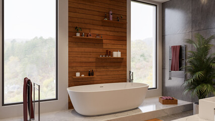 Residential interior of modern bathroom in luxury home, 3d rendering